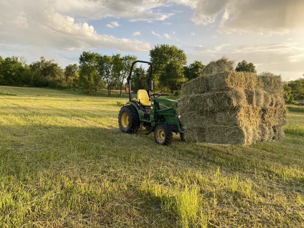 Fresh-cut hay bales on a tractor loader at Hickory Hill Ranch